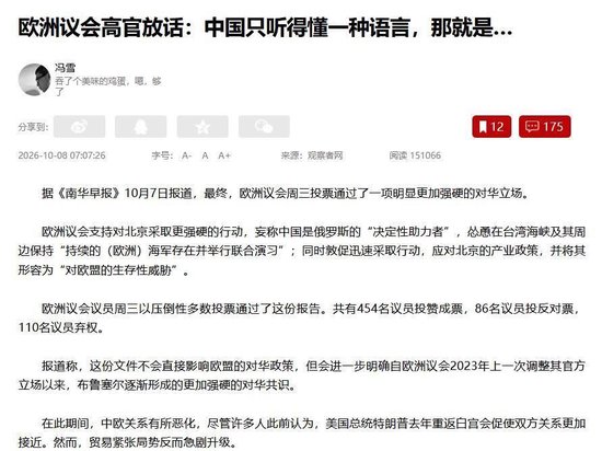 欧洲对华投票一边倒,反华报告通过,欧盟:中国只懂实力语言