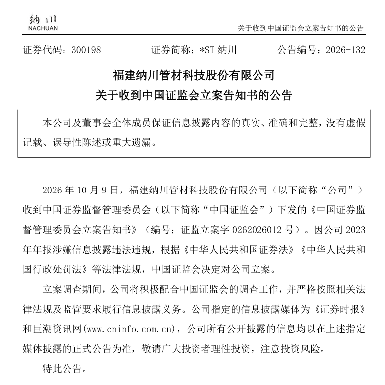 *ST纳川被证监会立案:因2023年年报涉嫌信息披露违法违规
