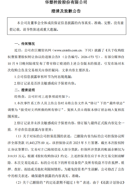 华塑控股致歉：工作人员上传失误出现修订痕迹，不存在刻意隐瞒或误导市场行为
