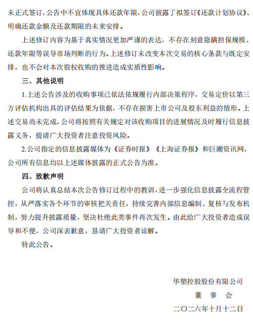华塑控股致歉：工作人员上传失误出现修订痕迹，不存在刻意隐瞒或误导市场行为